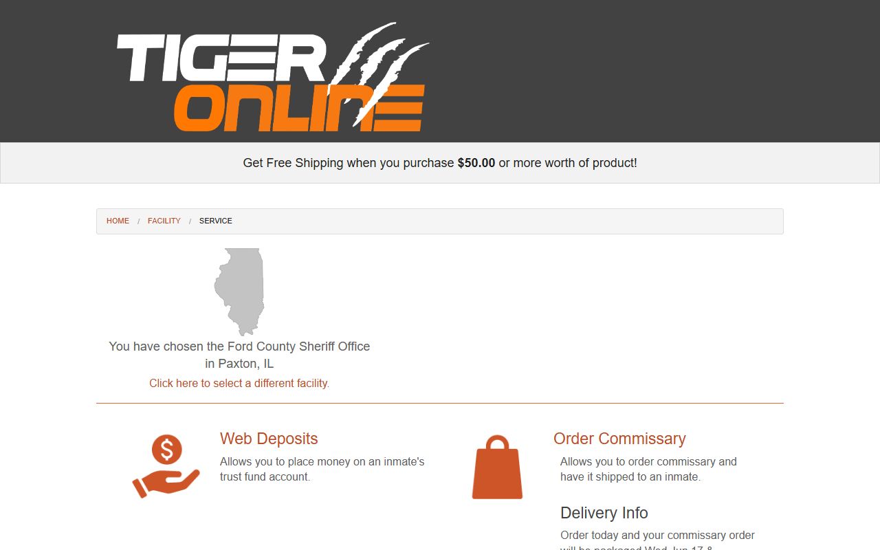 Tiger Commissary Ford County Jail web deposits and commissary ordering page
